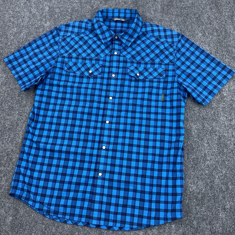 Stio Eddy Shirt Pearl Snap Men's Medium Blue Plaid Lightweight Performance SS